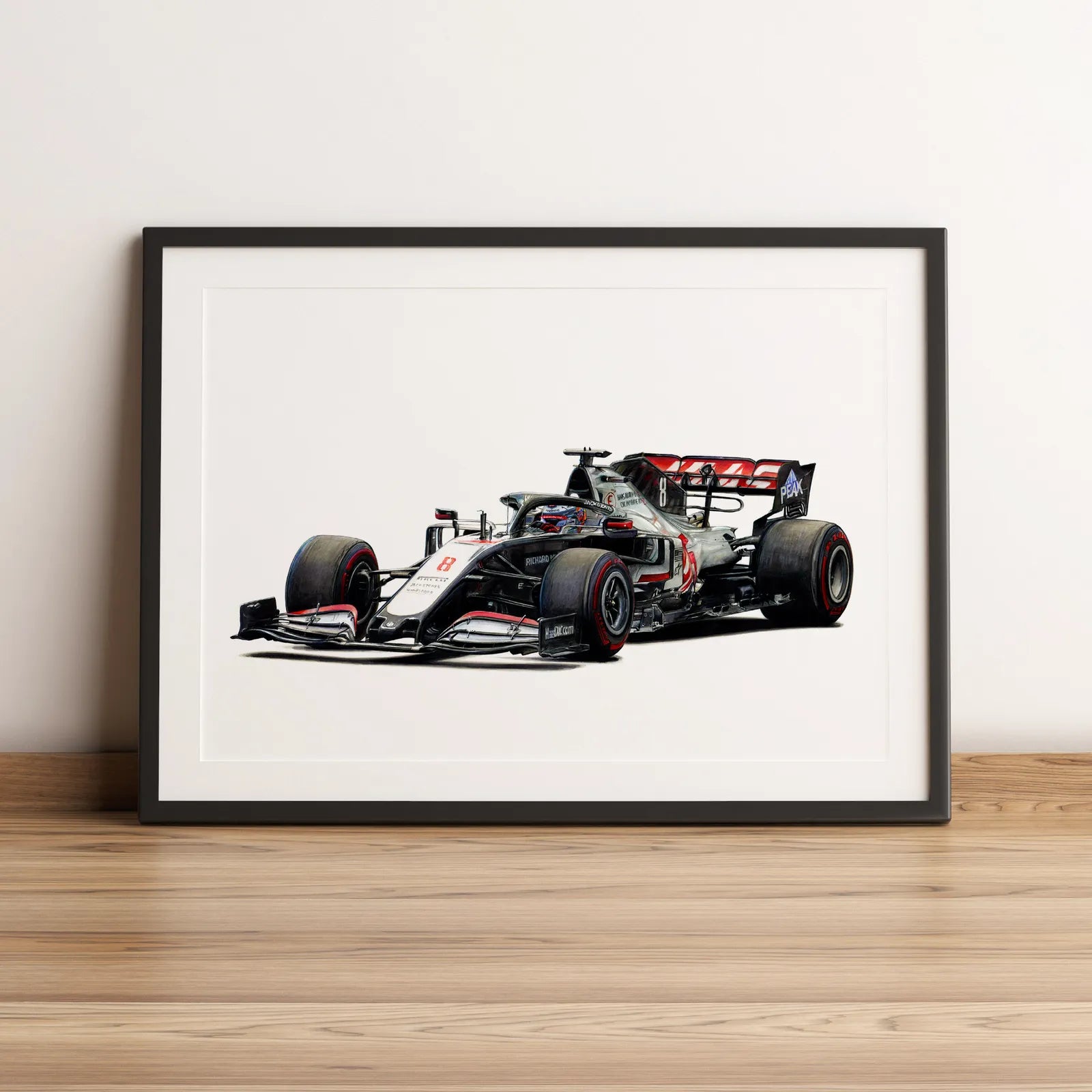 Illustration Formule 1 de Romain Grosjean au volant de la Haas VF-20 2020 dessinée à la main par l’artiste Anthony Caillon.