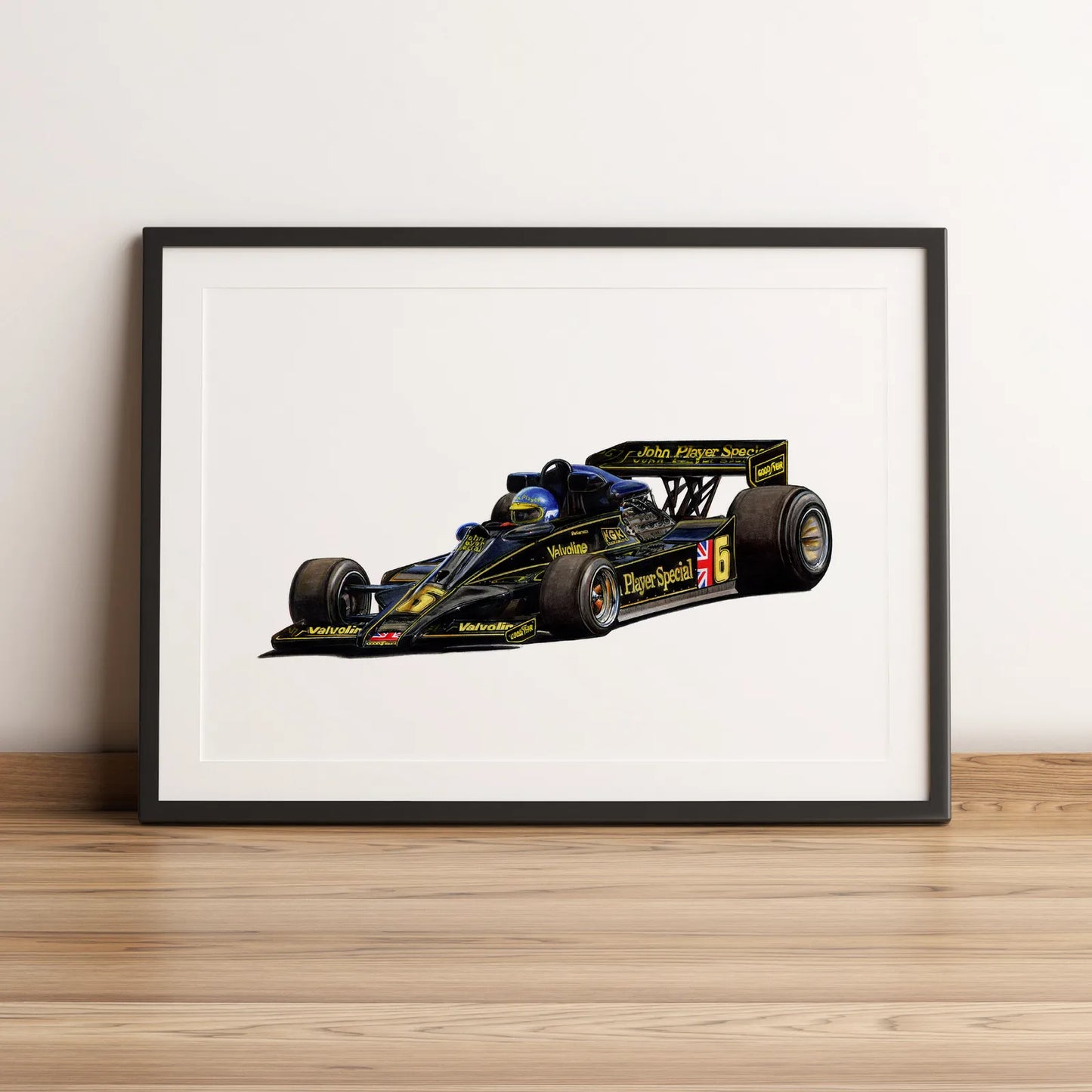 Illustration Formule 1 de Ronnie Peterson au volant de la Lotus 78 1978 dessinée à la main par l’artiste Anthony Caillon.