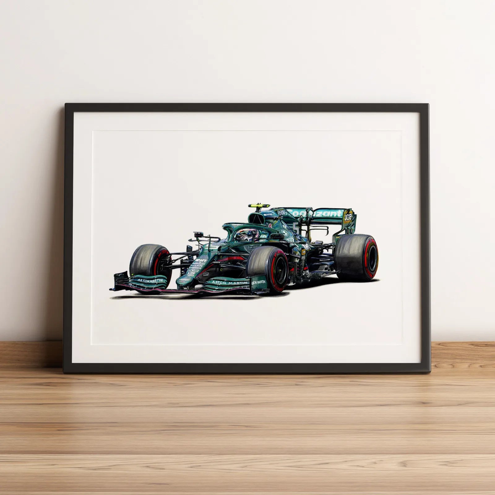 Illustration Formule 1 de Sebastian Vettel au volant de l'Aston Martin AMR21 2021 dessinée à la main par l’artiste Anthony Caillon.