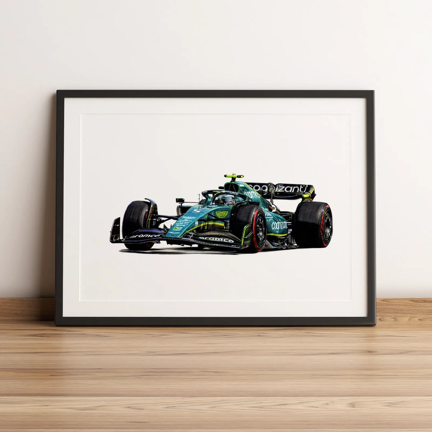 Illustration Formule 1 de Sebastian Vettel au volant de l'Aston Martin AMR22 2022 dessinée à la main par l’artiste Anthony Caillon.