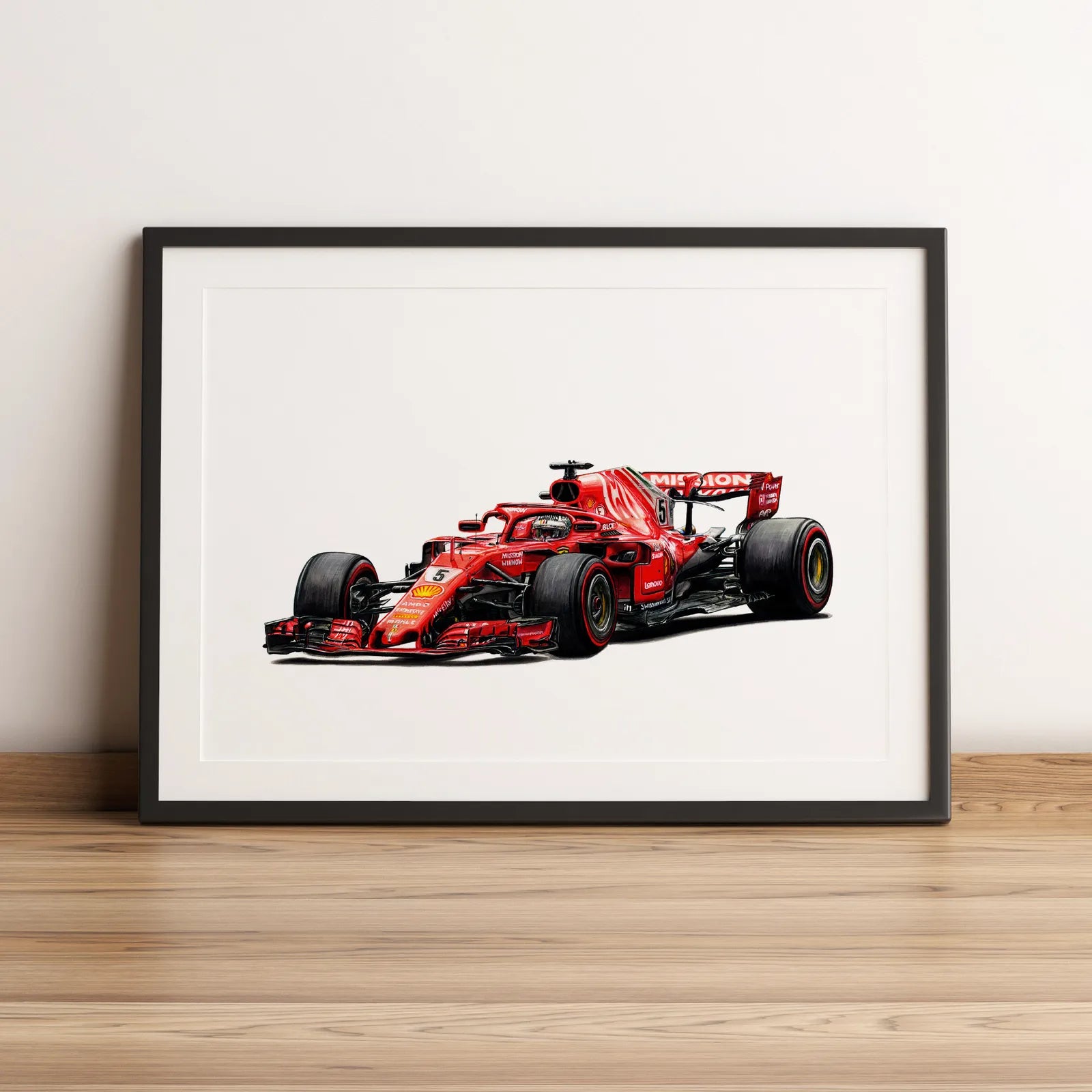 Illustration Formule 1 de Sebastien Vettel au volant de la Ferrari SF71H 2018 dessinée à la main par l’artiste Anthony Caillon.