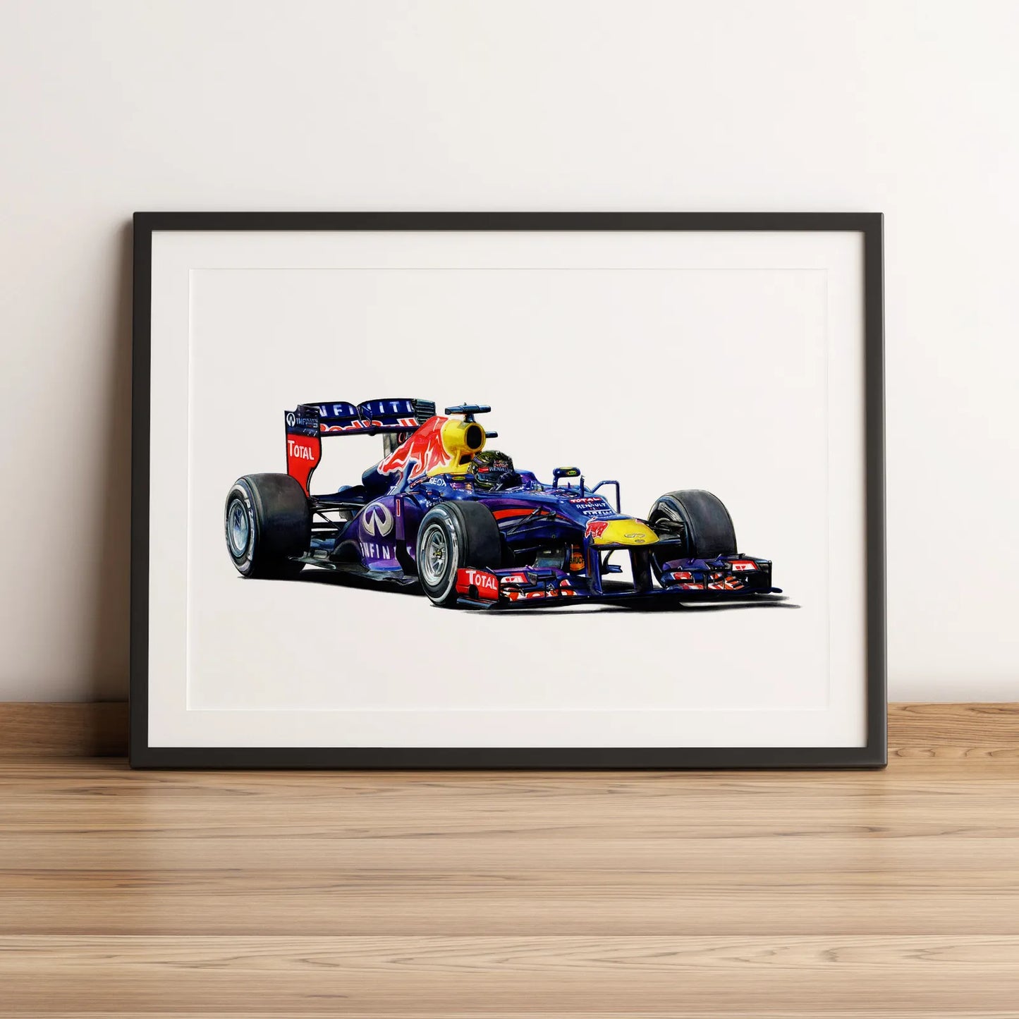 Illustration Formule 1 de Sebastian Vettel au volant de la Red Bull RB9 2013 dessinée à la main par l’artiste Anthony Caillon.
