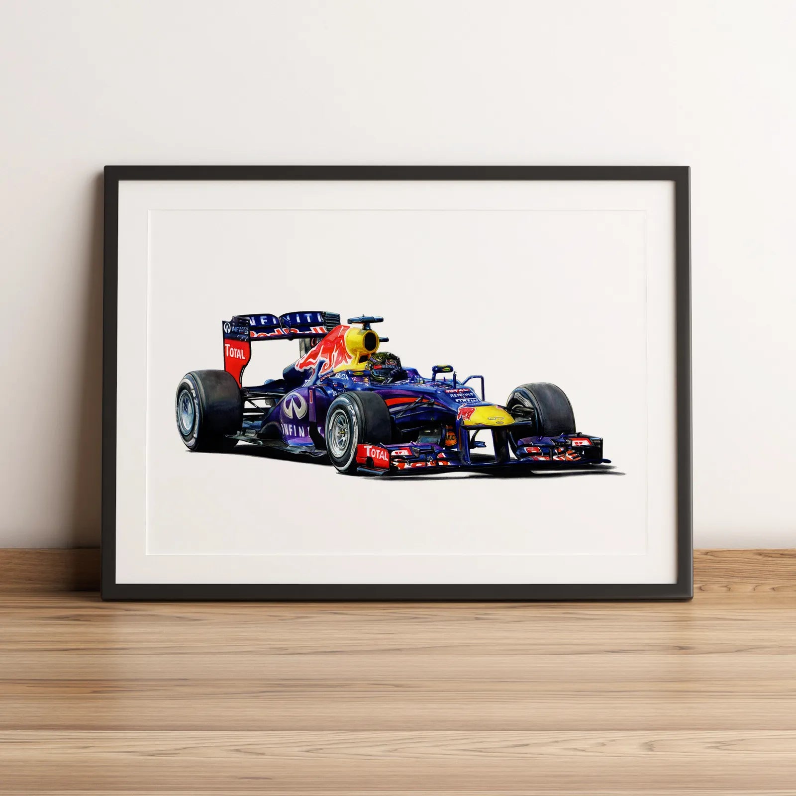Illustration Formule 1 de Sebastian Vettel au volant de la Red Bull RB9 2013 dessinée à la main par l’artiste Anthony Caillon.