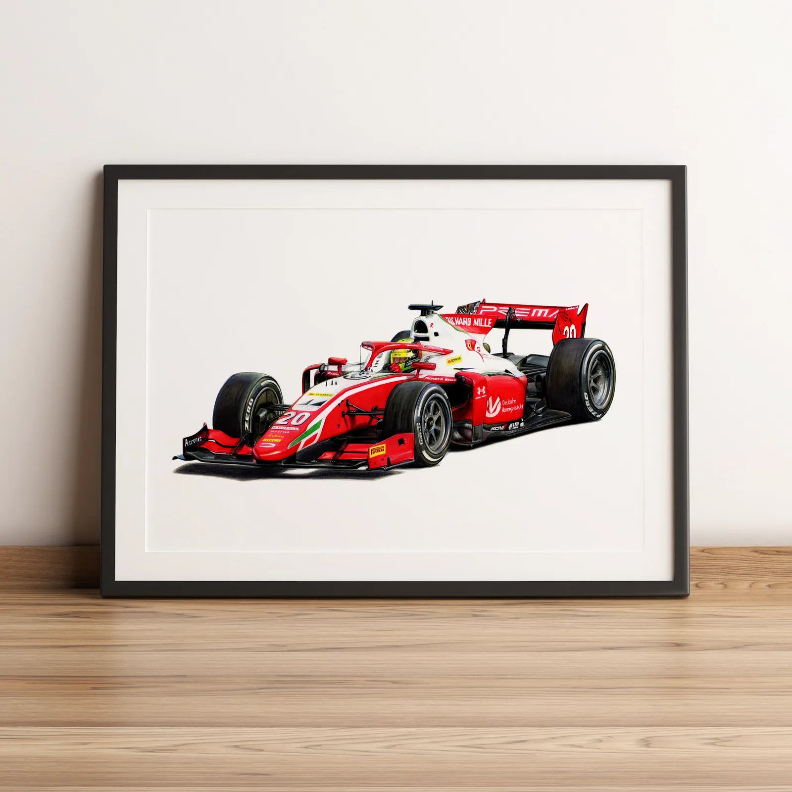 Illustration Formule 2 de Mick Schumacher au volant de la Prema Racing 2020 dessinée à la main par l’artiste Anthony Caillon.
