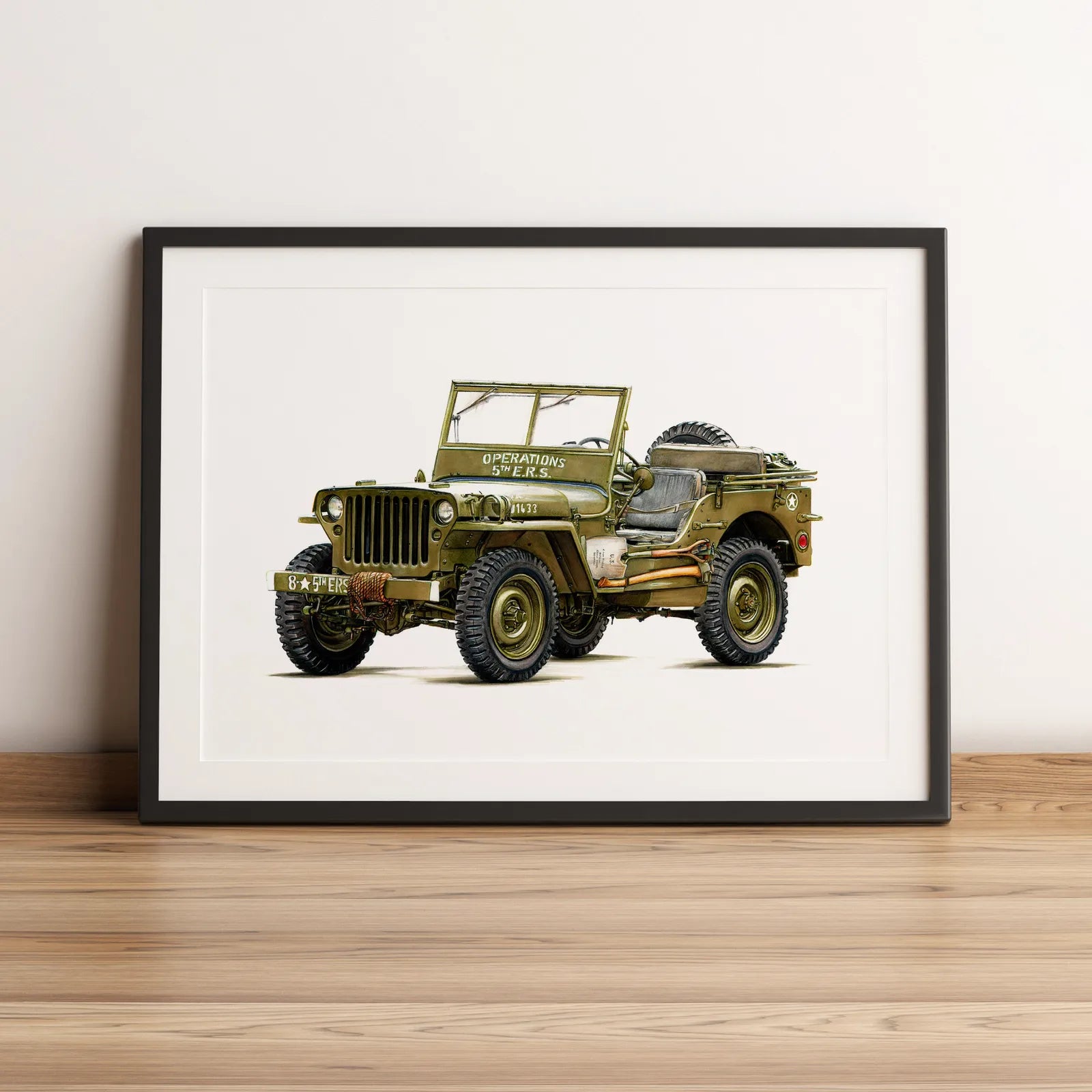 Illustration militaire de la Jeep Willys 1941 dessinée à la main par l’artiste Anthony Caillon.