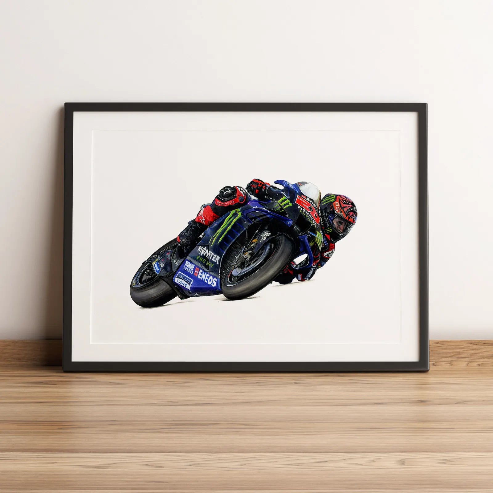 Illustration de MotoGP de Fabio Quartararo sur Monster Energy Yamaha MotoGP 2021 dessinée à la main par l’artiste Anthony Caillon.