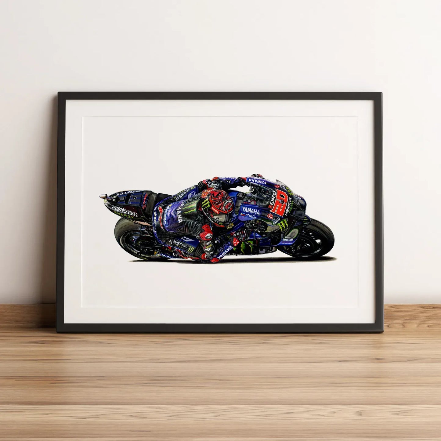Illustration de MotoGP de Fabio Quartararo sur Monster Energy Yamaha MotoGP 2022 dessinée à la main par l’artiste Anthony Caillon.