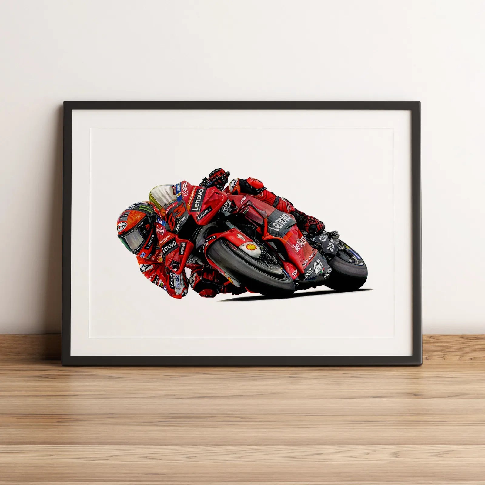 Illustration de MotoGP de Francesco Bagnaia sur Ducati Lenovo Team 2022 dessinée à la main par l’artiste Anthony Caillon.