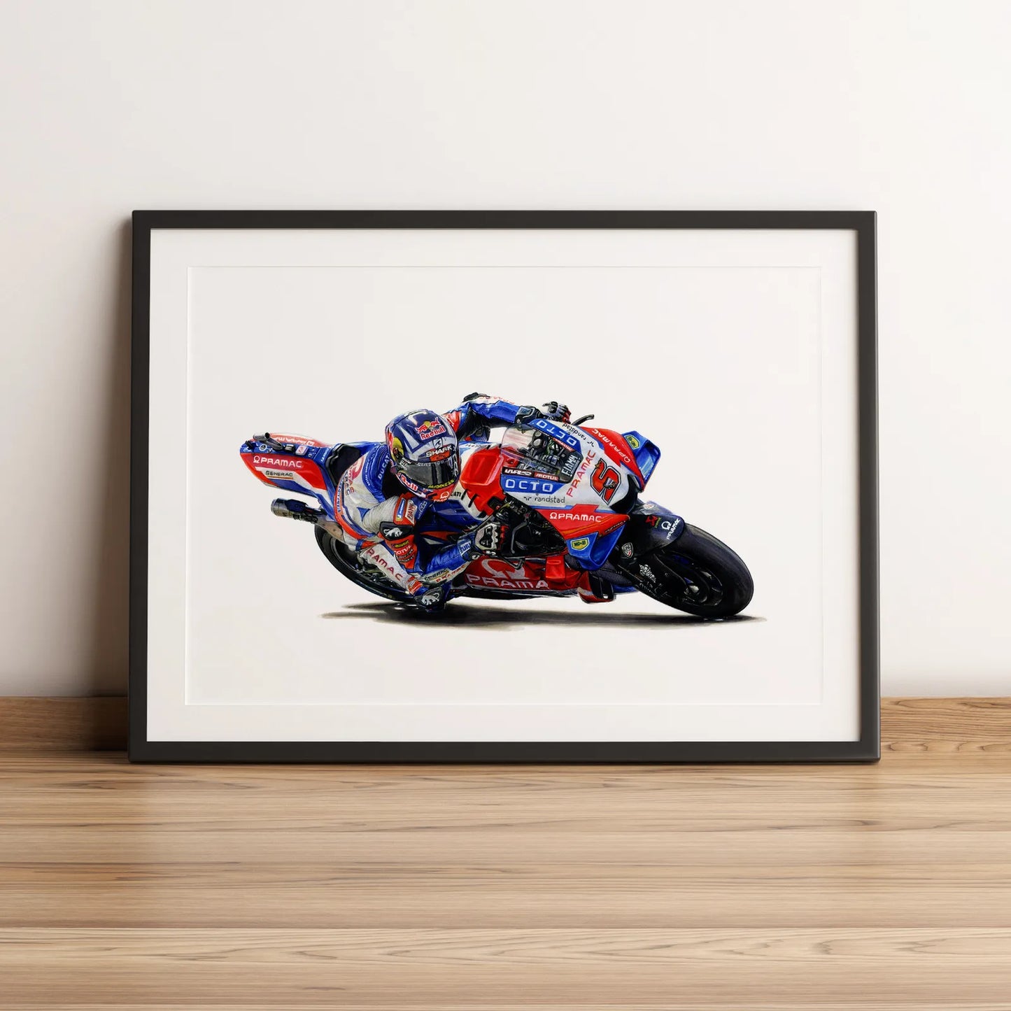 Illustration de MotoGP de Johann Zarco sur Pramac Racing 2022 dessinée à la main par l’artiste Anthony Caillon.