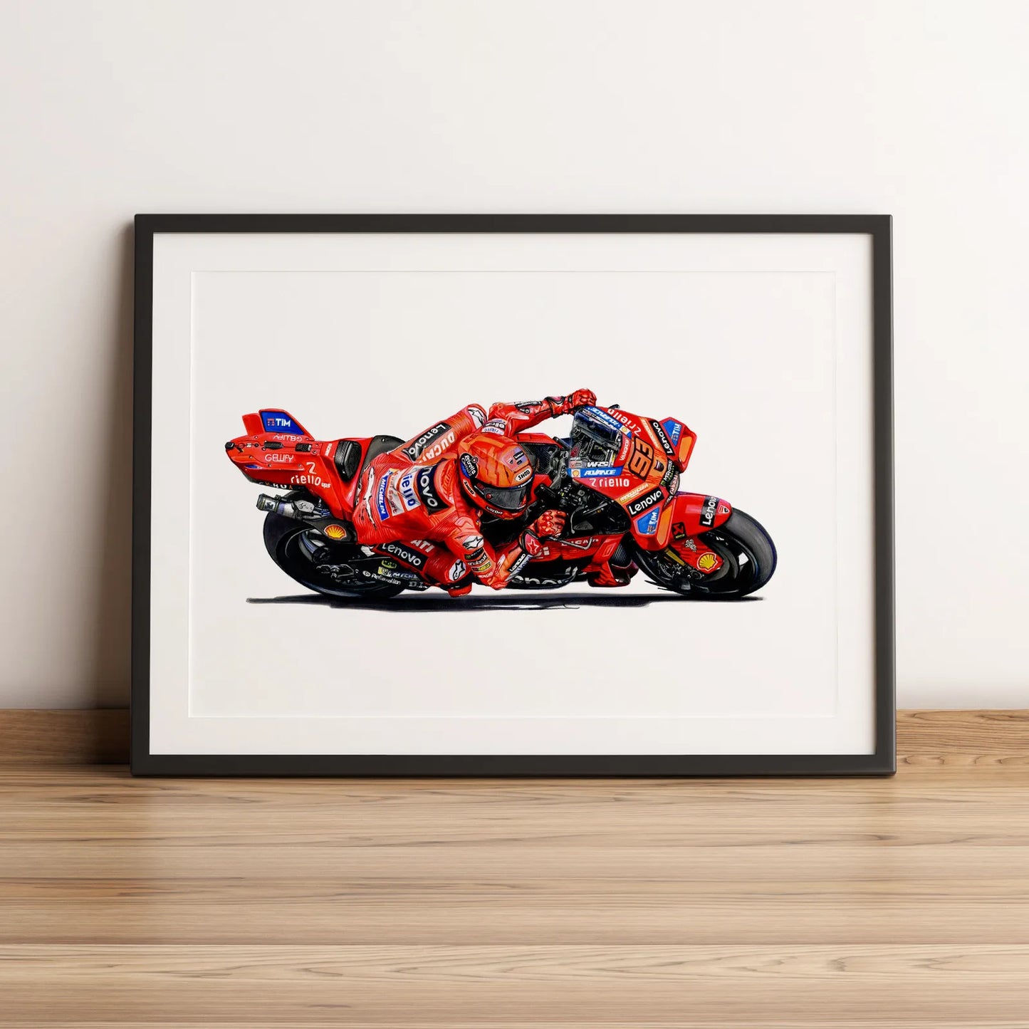 Illustration de MotoGP de Marc Márquez sur Ducati Lenovo Team 2025 dessinée à la main par l’artiste Anthony Caillon.