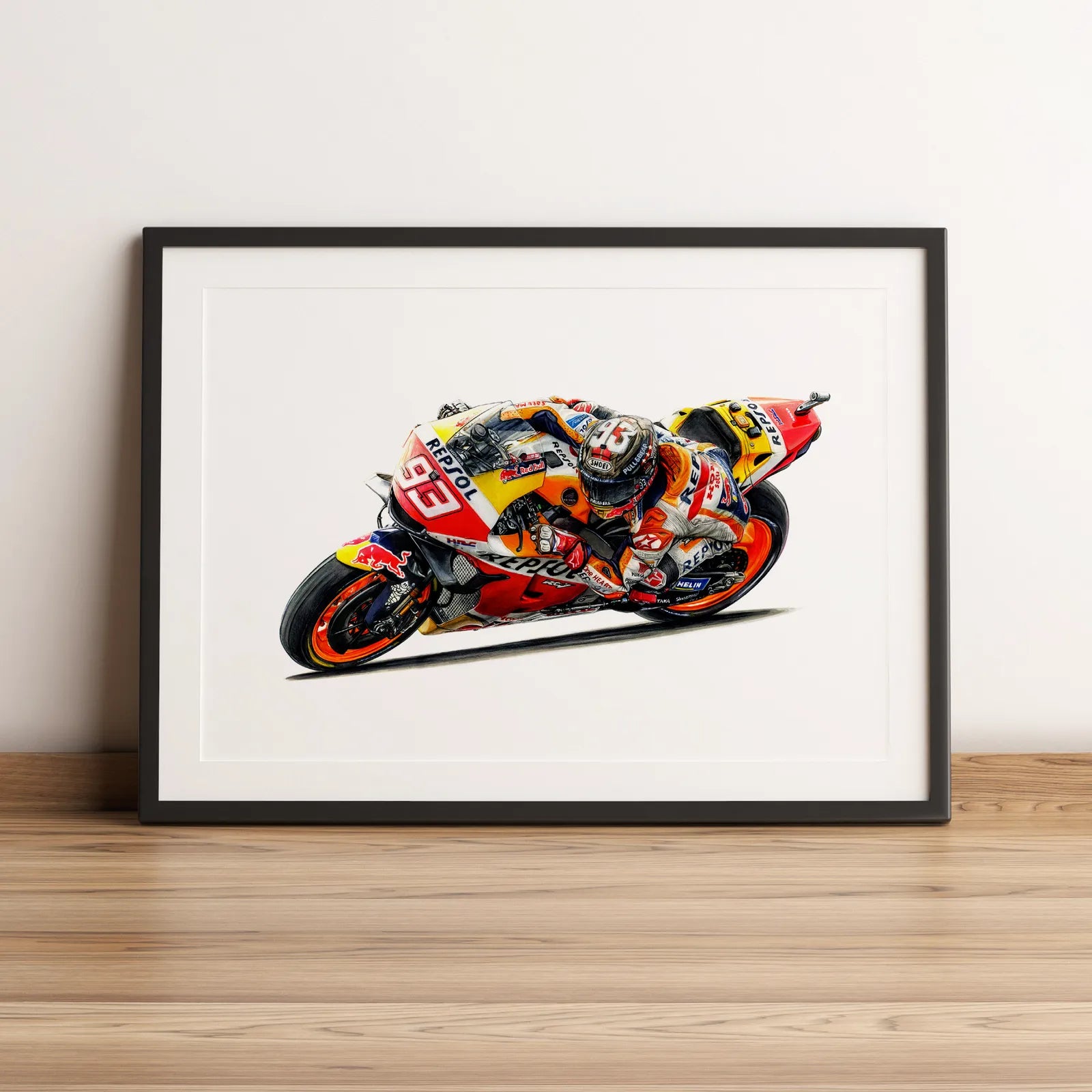 Illustration de MotoGP de Marc Márquez sur Repsol Honda Team 2021 dessinée à la main par l’artiste Anthony Caillon.