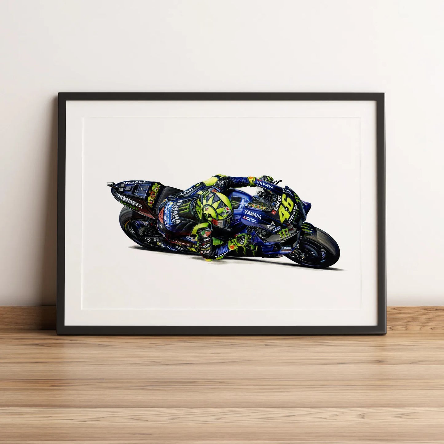 Illustration de MotoGP de Valentino Rossi sur Monster Energy Yamaha MotoGP 2020 dessinée à la main par l’artiste Anthony Caillon.