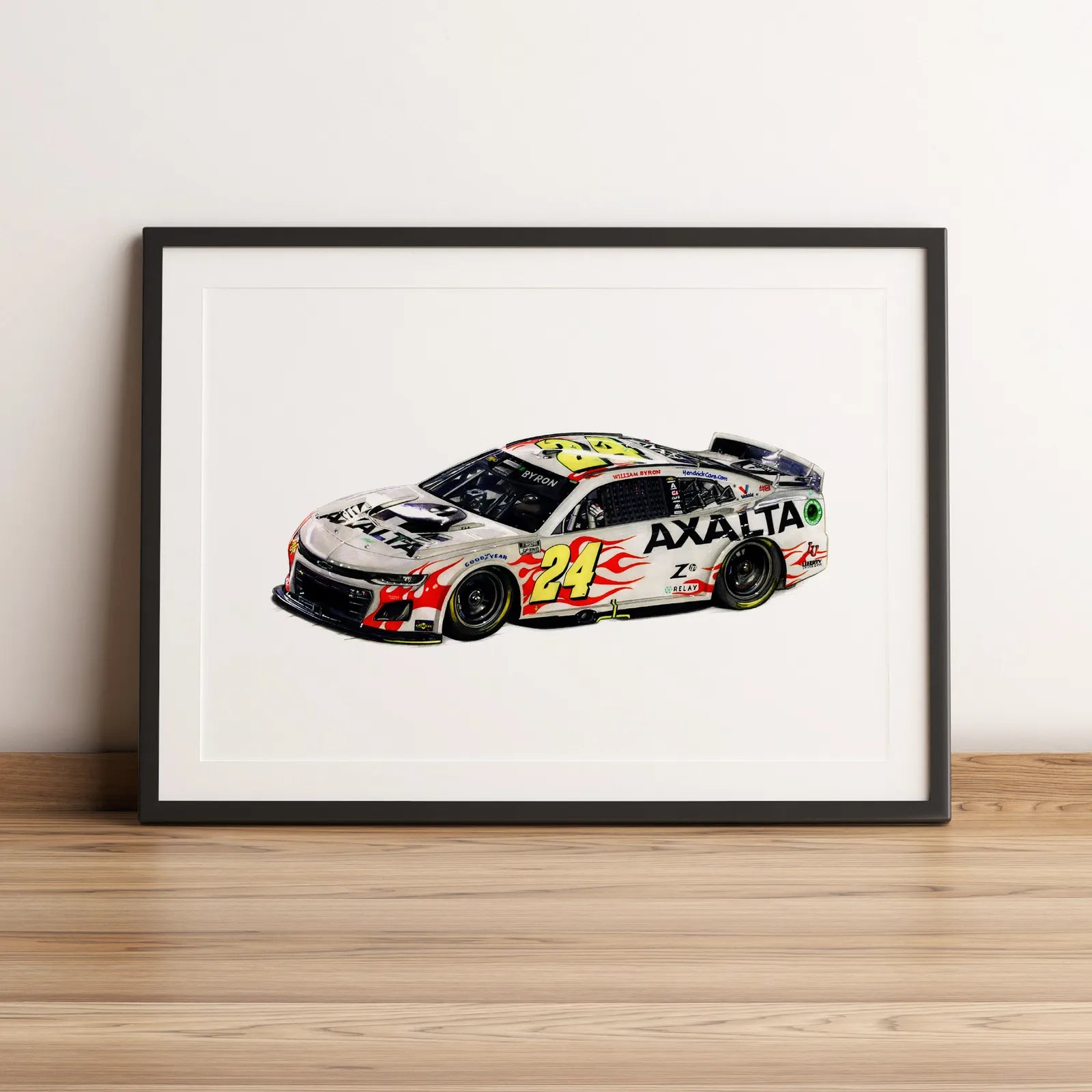 Illustration de NASCAR de William Byron au volant de la Hendrick Motorsports Daytona 2024 dessinée à la main par l’artiste Anthony Caillon.