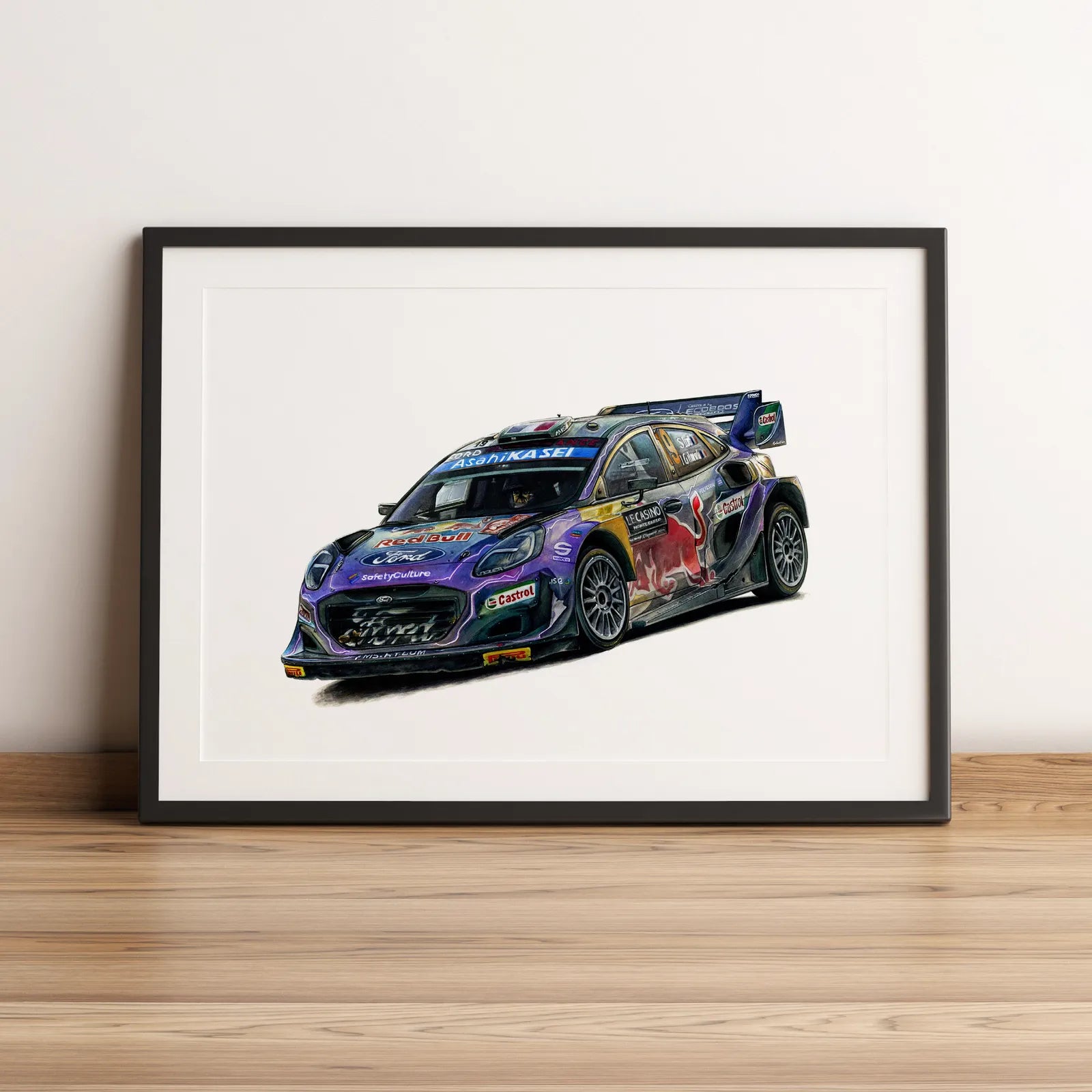 Illustration de rallye de Sébastien Loeb au volant de la Ford Puma M-Sport Rallye Monte Carlo 2022 dessinée à la main par l’artiste Anthony Caillon.